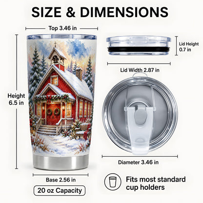 #pl[20oz|Steel] Snowy Red Chapel Tumbler 20oz, Winter Tumbler, Stainless Steel Travel Cup