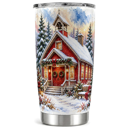 Snowy Red Chapel Tumbler 20oz, Winter Tumbler, Stainless Steel Travel Cup