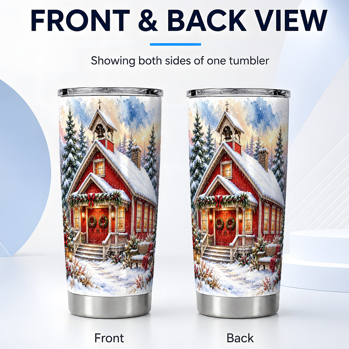 #pl[20oz|Steel] Snowy Red Chapel Tumbler 20oz, Winter Tumbler, Stainless Steel Travel Cup