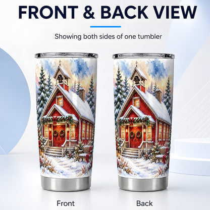 #pl[20oz|Steel] Snowy Red Chapel Tumbler 20oz, Winter Tumbler, Stainless Steel Travel Cup