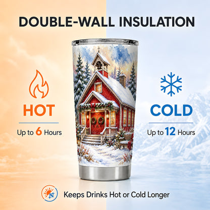 Snowy Red Chapel Tumbler 20oz, Winter Tumbler, Stainless Steel Travel Cup