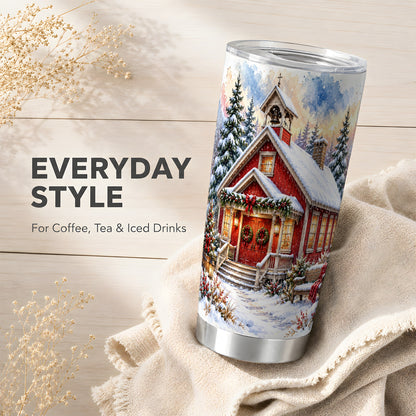Snowy Red Chapel Tumbler 20oz, Winter Tumbler, Stainless Steel Travel Cup