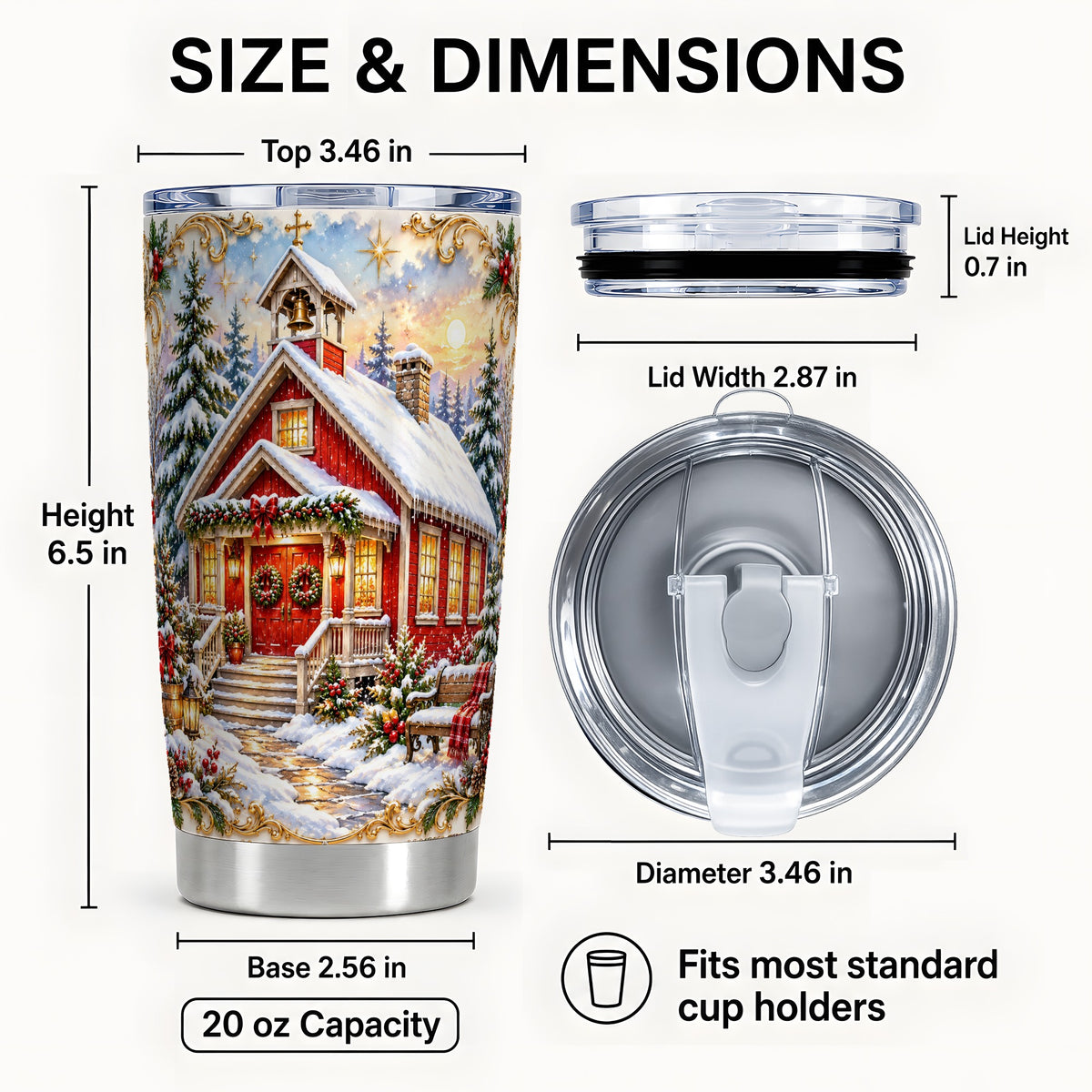 #pl[20oz|Steel] Snowy Red Chapel Tumbler 20oz, Ornate Tumbler, Stainless Steel Travel Cup