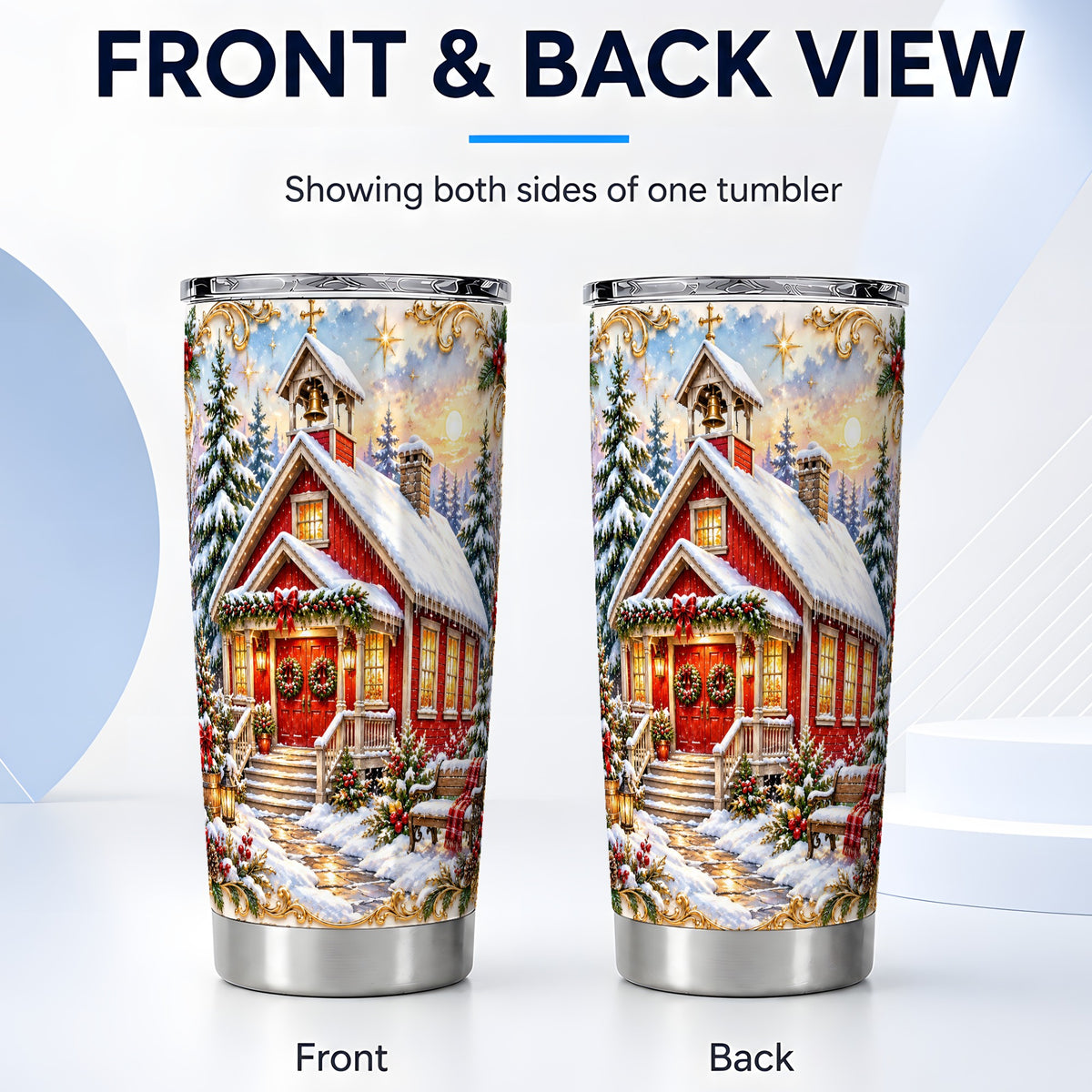 #pl[20oz|Steel] Snowy Red Chapel Tumbler 20oz, Ornate Tumbler, Stainless Steel Travel Cup