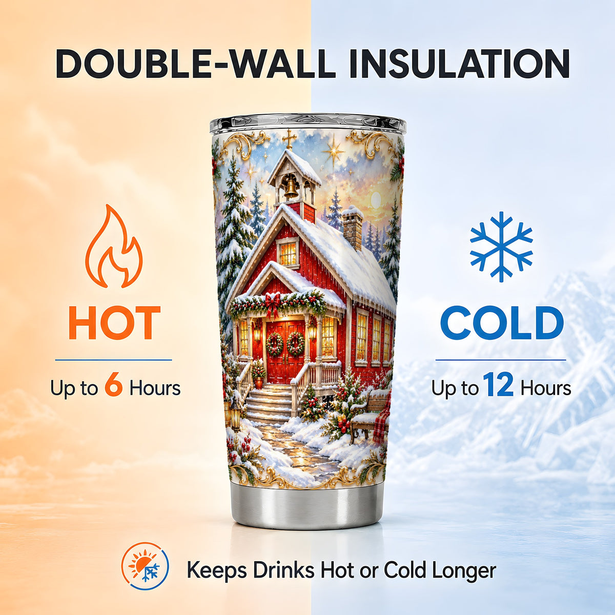 Snowy Red Chapel Tumbler 20oz, Ornate Tumbler, Stainless Steel Travel Cup