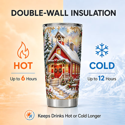 Snowy Red Chapel Tumbler 20oz, Ornate Tumbler, Stainless Steel Travel Cup