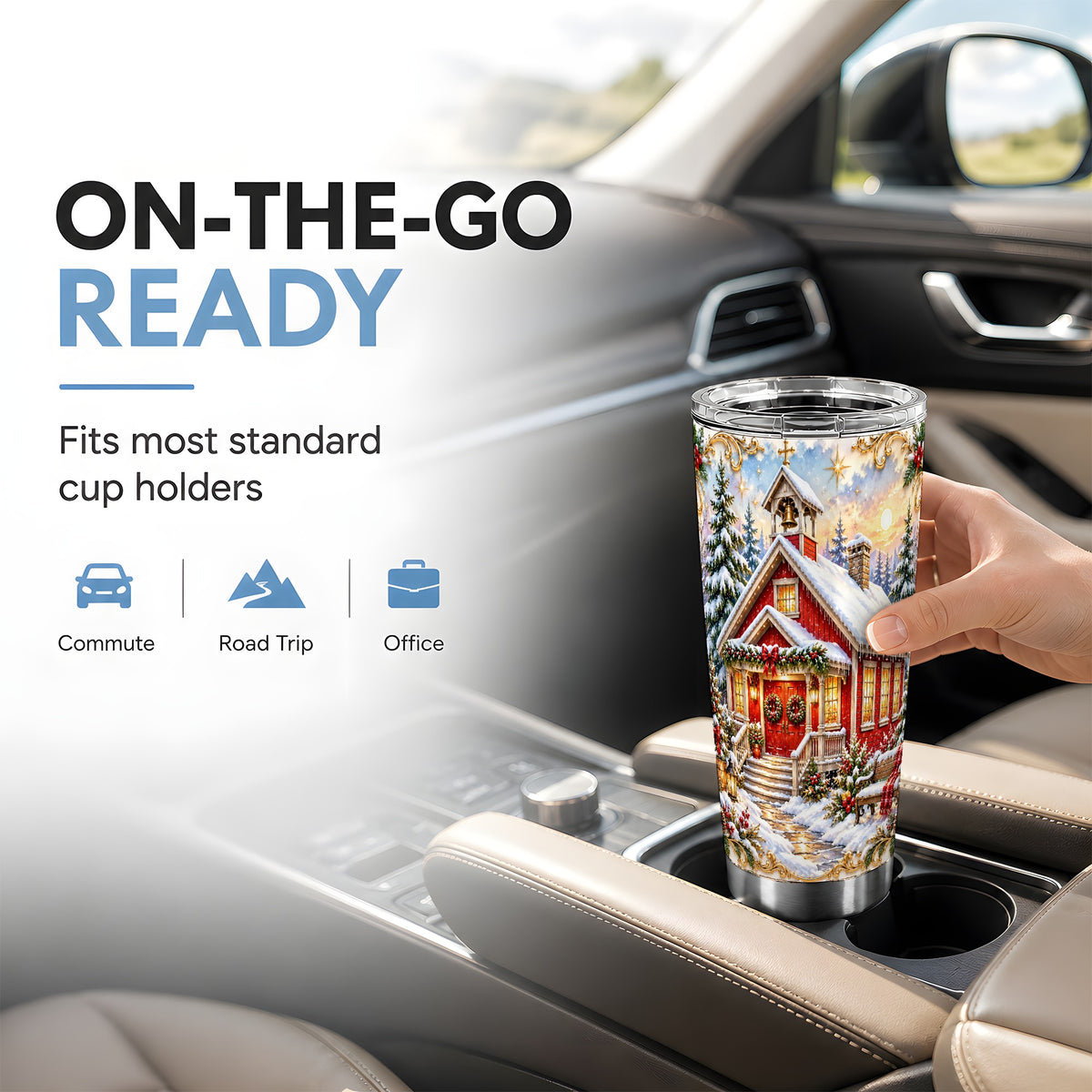 Snowy Red Chapel Tumbler 20oz, Ornate Tumbler, Stainless Steel Travel Cup