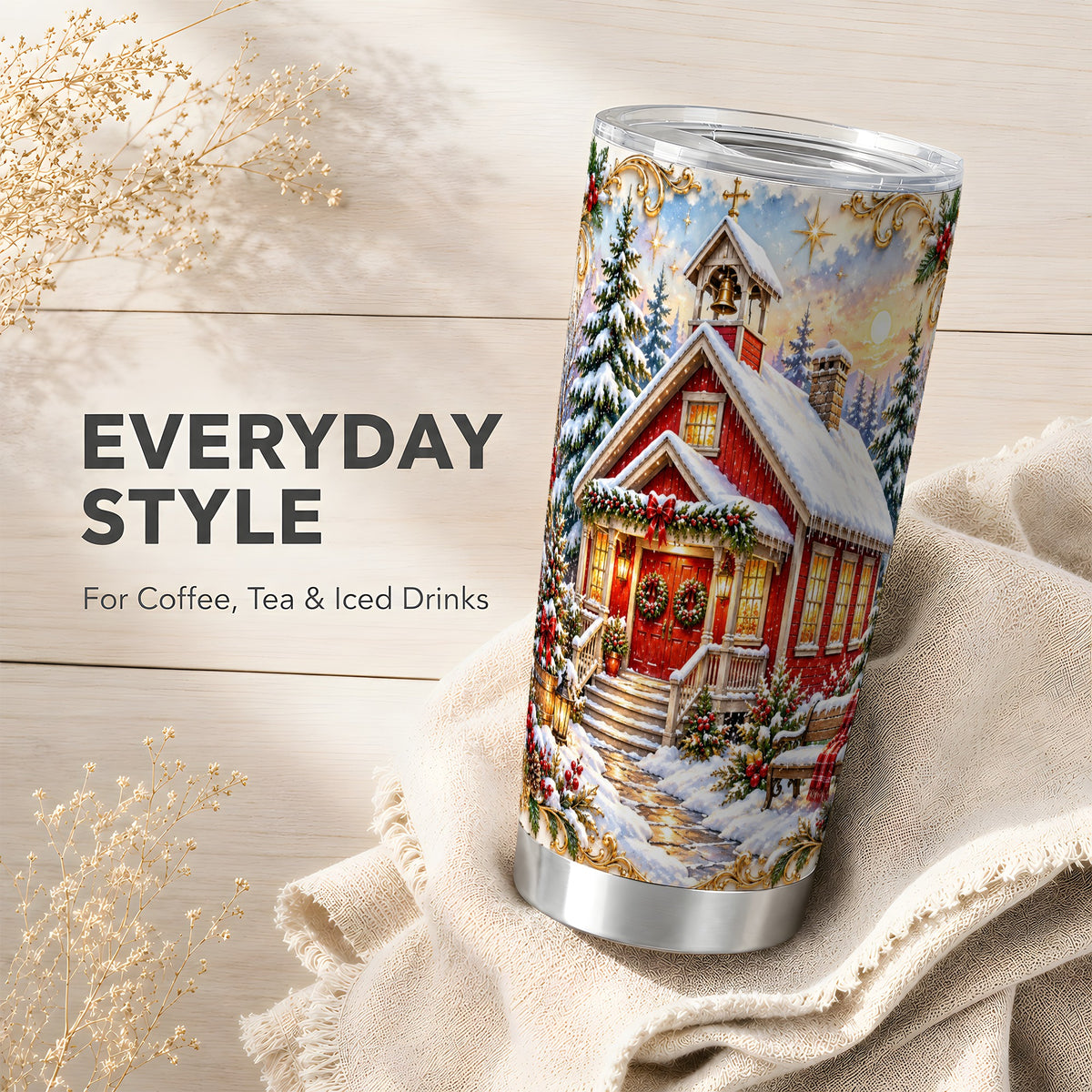 Snowy Red Chapel Tumbler 20oz, Ornate Tumbler, Stainless Steel Travel Cup