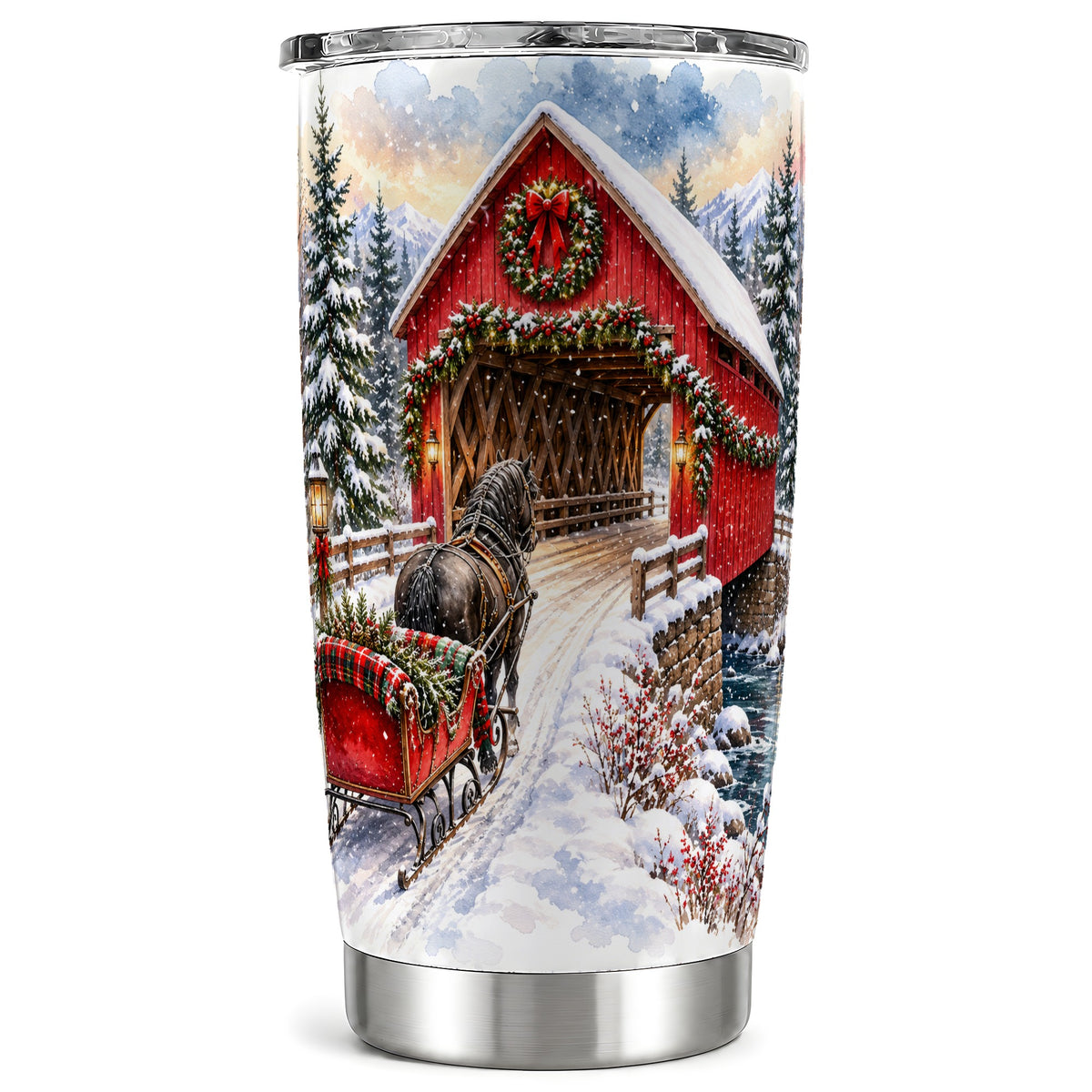 Christmas Covered Bridge Tumbler 20oz, Winter Stainless Steel Travel Cup