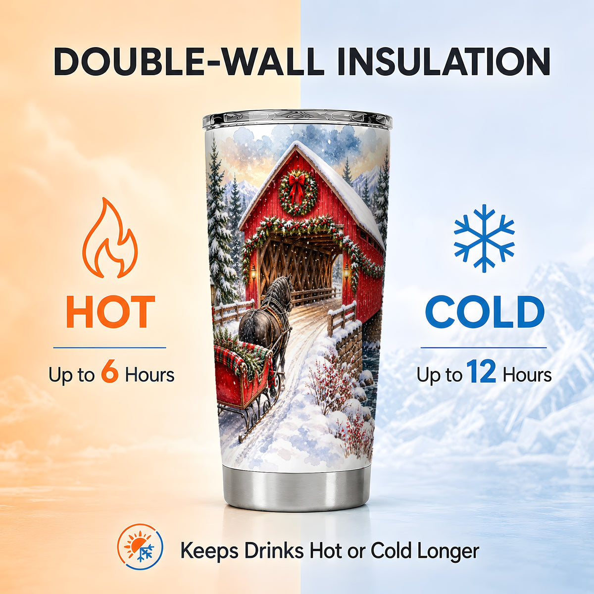 Christmas Covered Bridge Tumbler 20oz, Winter Stainless Steel Travel Cup