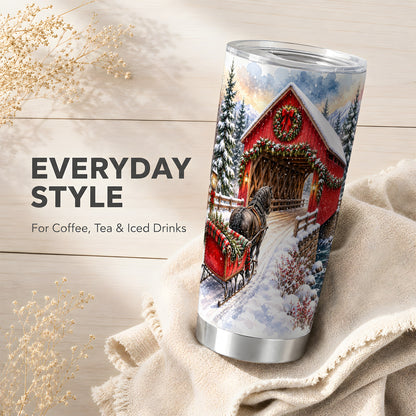 Christmas Covered Bridge Tumbler 20oz, Winter Stainless Steel Travel Cup