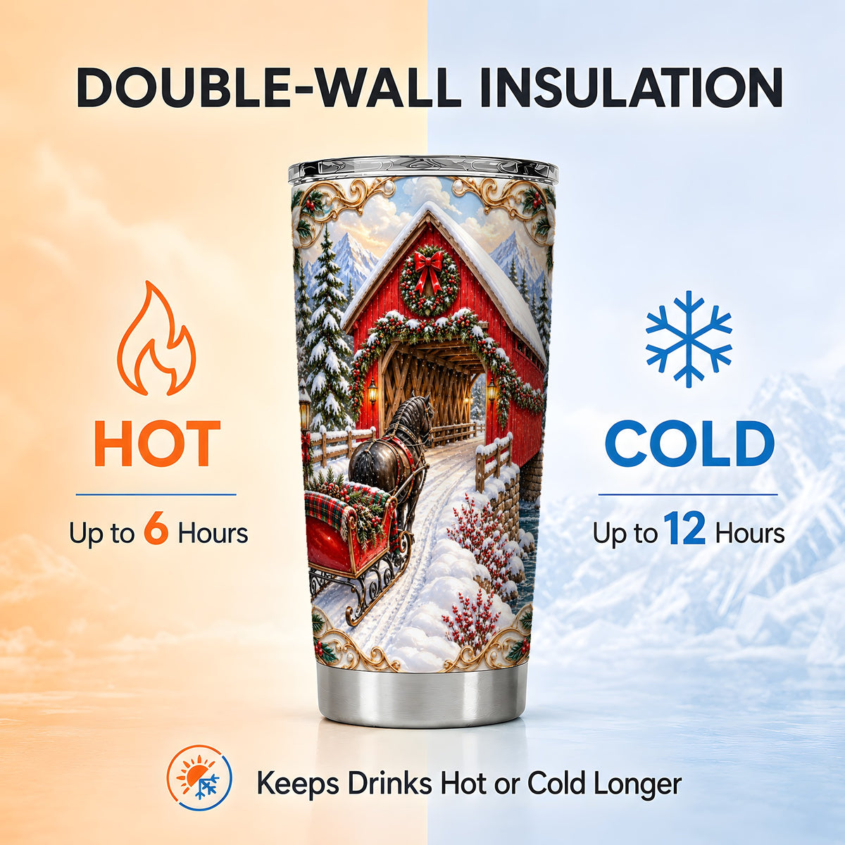 Ornate Christmas Bridge Tumbler 20oz, Winter Stainless Steel Travel Cup
