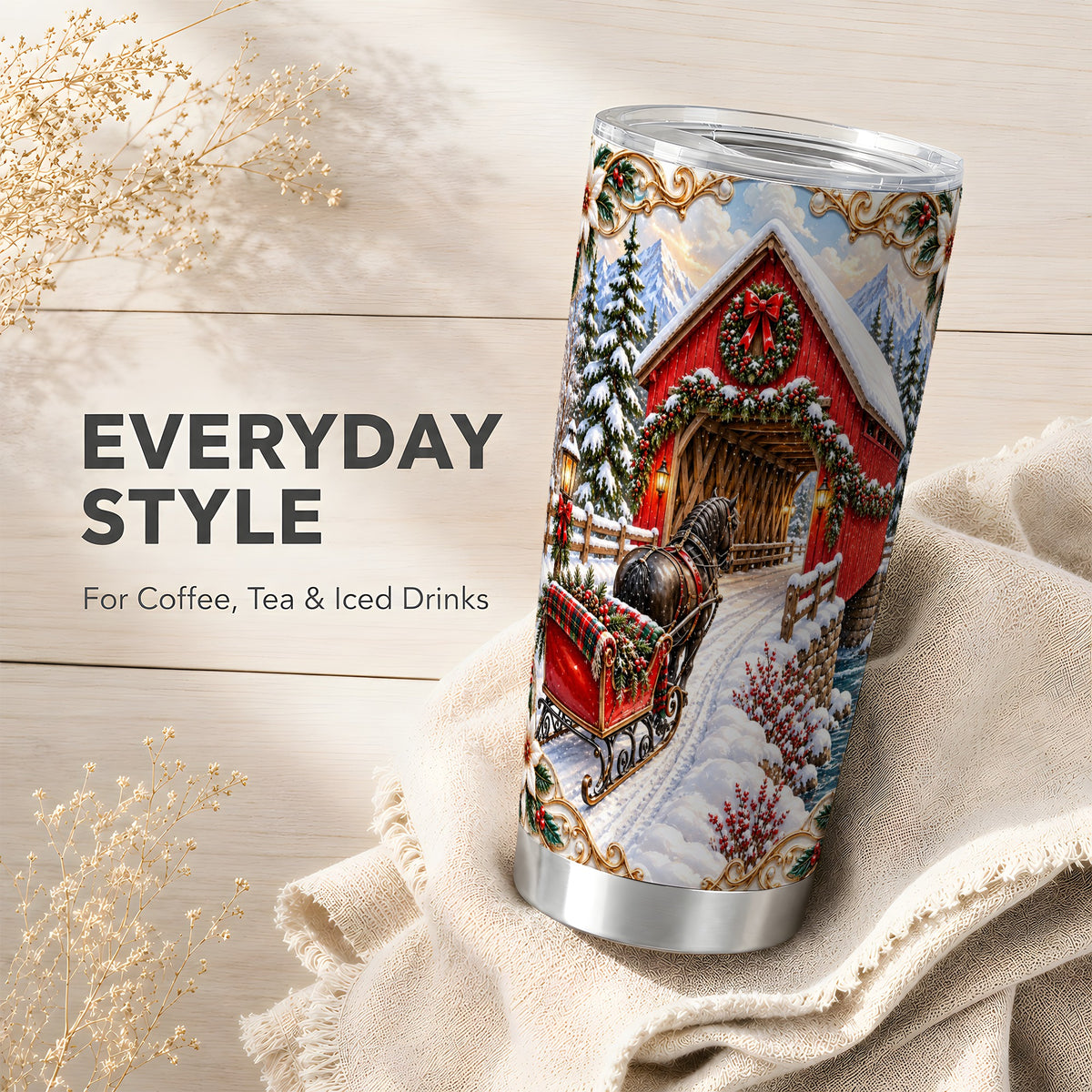 Ornate Christmas Bridge Tumbler 20oz, Winter Stainless Steel Travel Cup