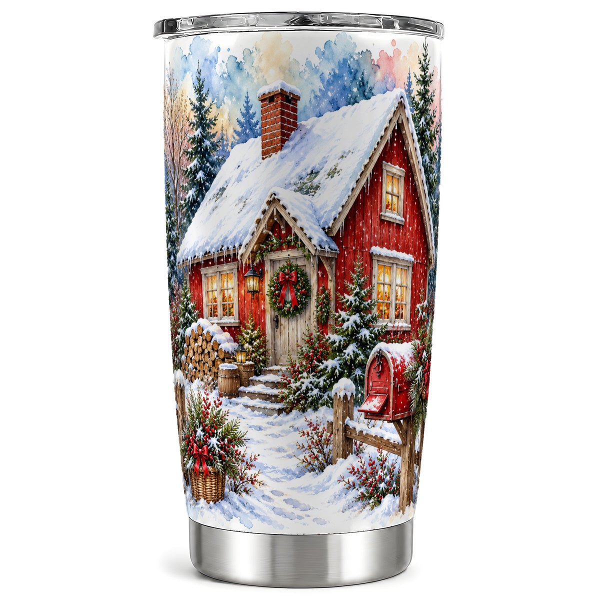 Red Christmas Cottage Tumbler 20oz, Snowy Stainless Steel Travel Cup