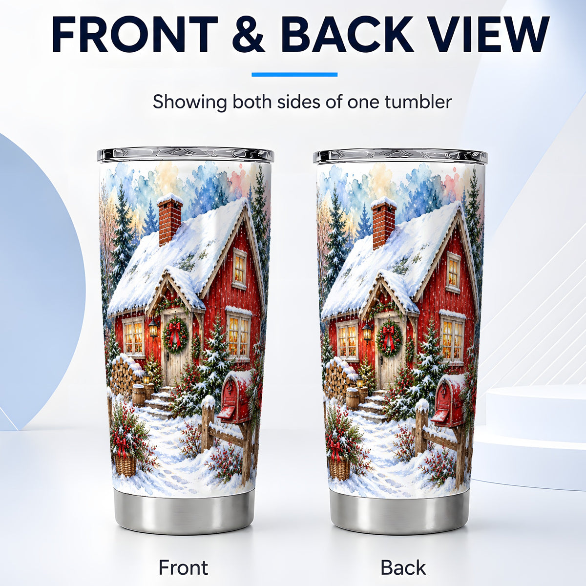 #pl[20oz|Steel] Red Christmas Cottage Tumbler 20oz, Snowy Stainless Steel Travel Cup