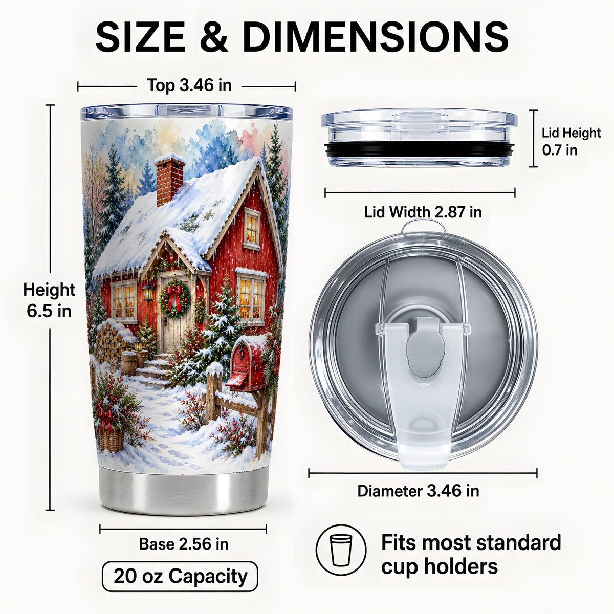 #pl[20oz|Steel] Red Christmas Cottage Tumbler 20oz, Snowy Stainless Steel Travel Cup