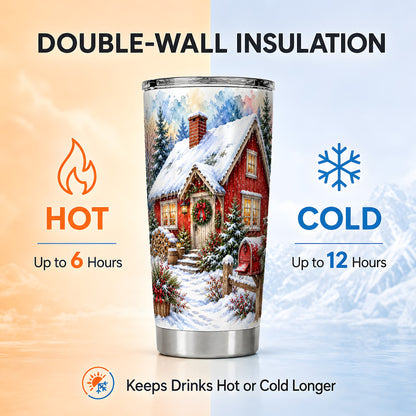 Red Christmas Cottage Tumbler 20oz, Snowy Stainless Steel Travel Cup