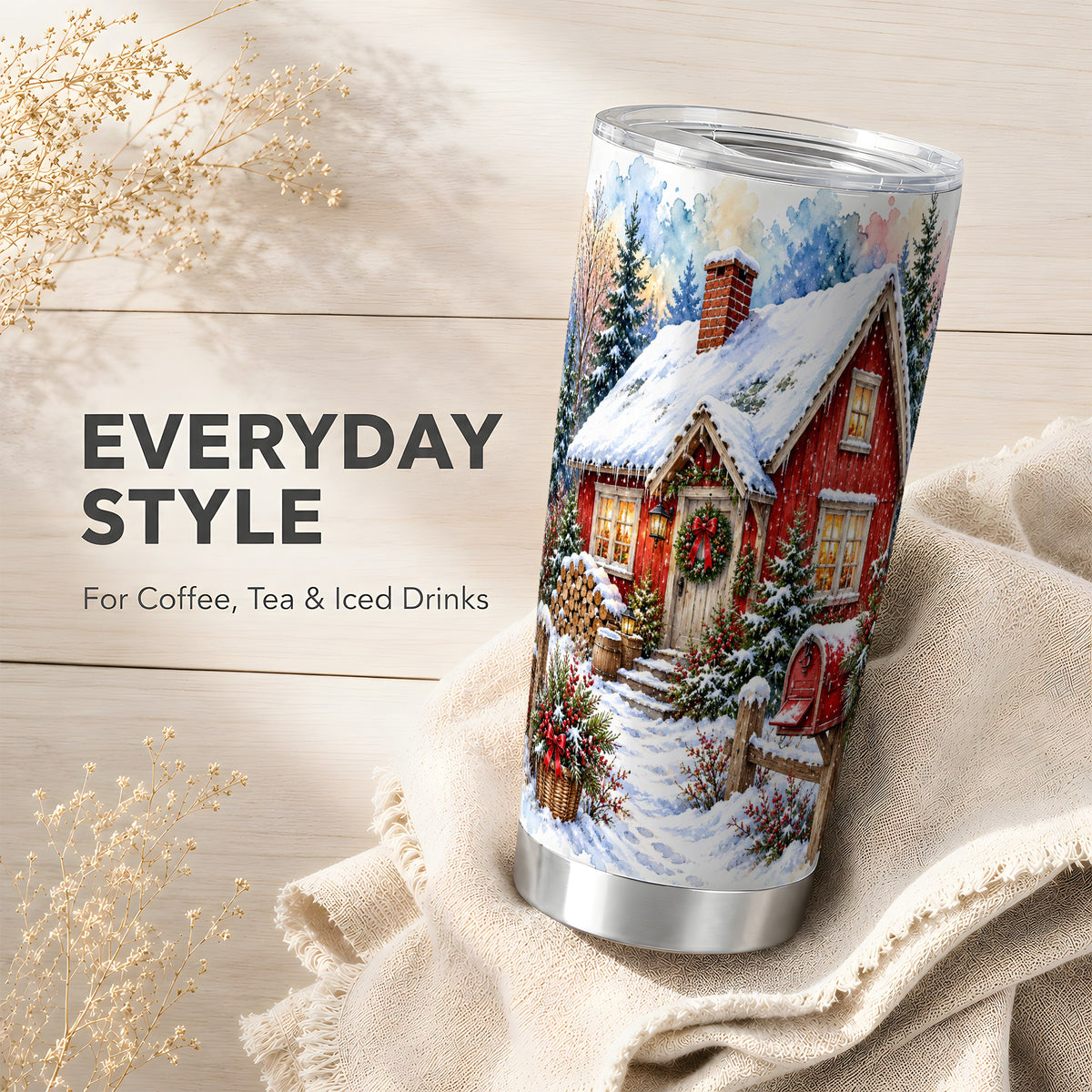 Red Christmas Cottage Tumbler 20oz, Snowy Stainless Steel Travel Cup