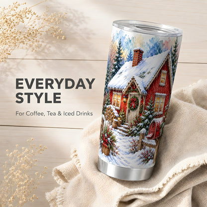 Red Christmas Cottage Tumbler 20oz, Snowy Stainless Steel Travel Cup