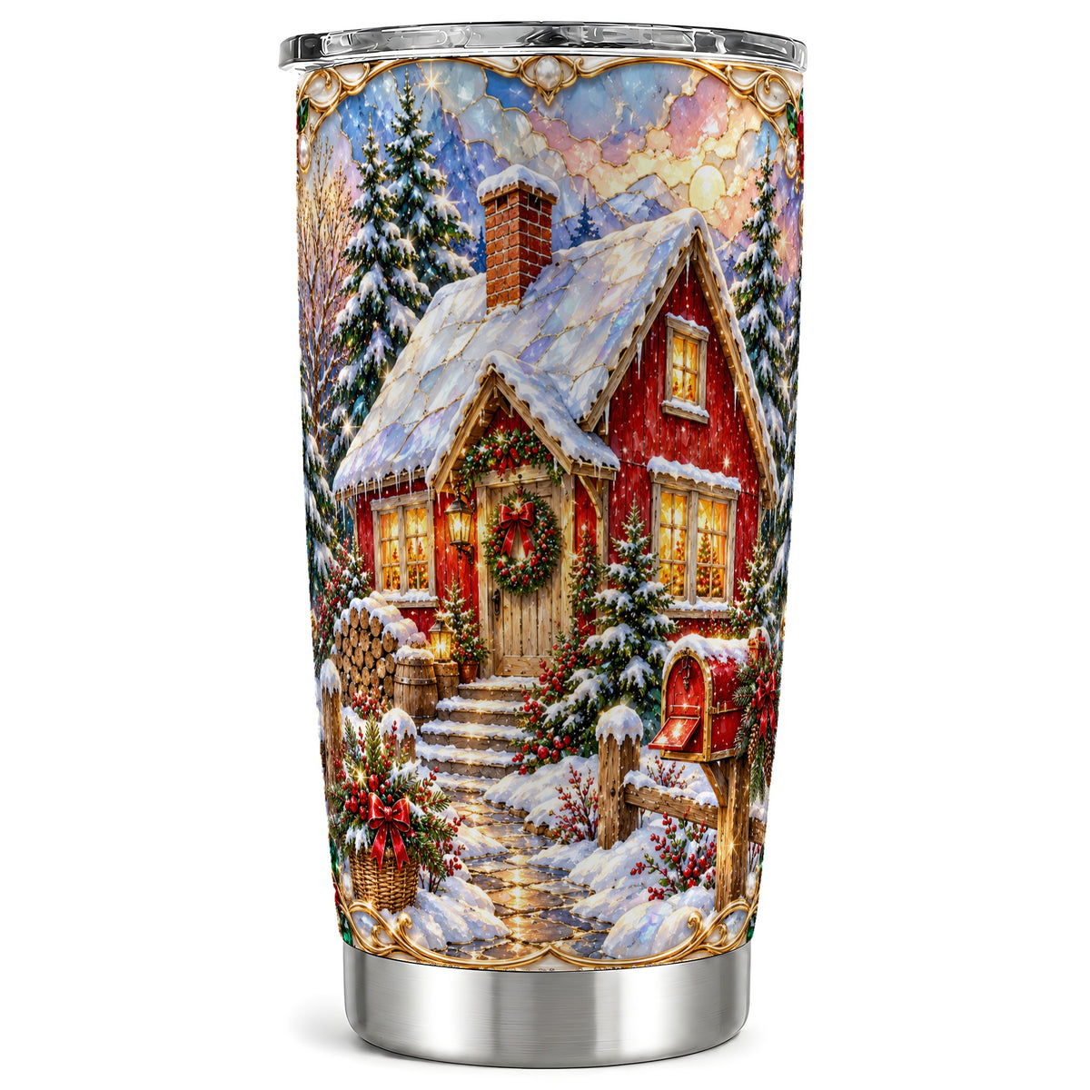 Jeweled Christmas Cottage Tumbler 20oz, Snowy Stainless Steel Travel Cup