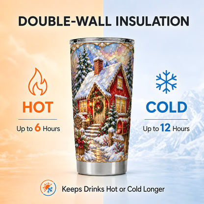 Jeweled Christmas Cottage Tumbler 20oz, Snowy Stainless Steel Travel Cup