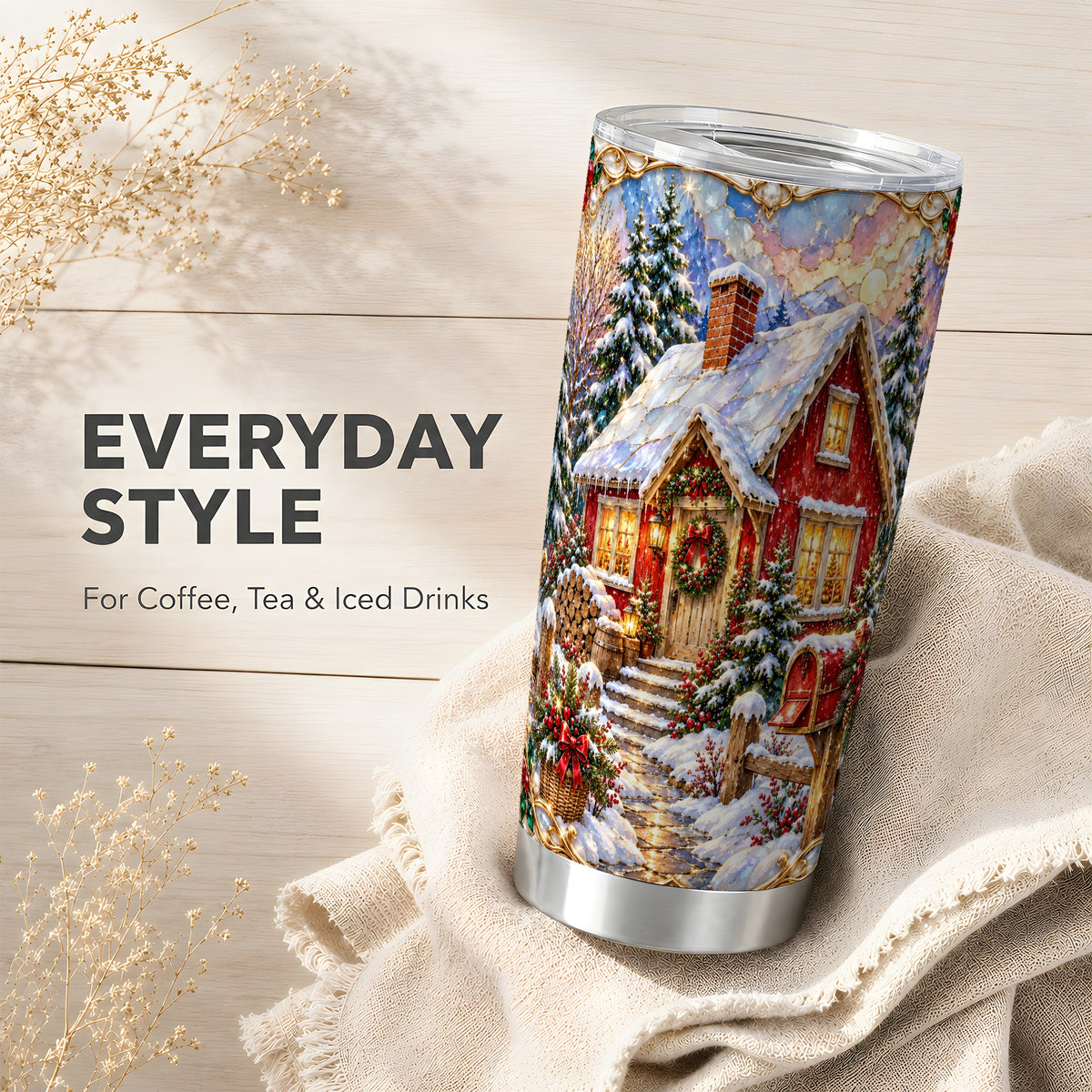 Jeweled Christmas Cottage Tumbler 20oz, Snowy Stainless Steel Travel Cup
