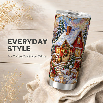 Jeweled Christmas Cottage Tumbler 20oz, Snowy Stainless Steel Travel Cup