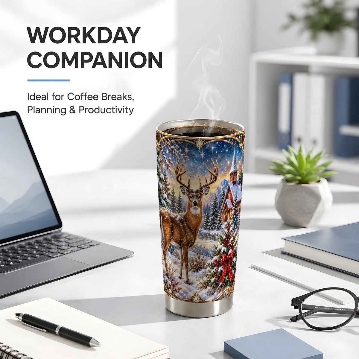 Christmas Deer Church Tumbler 20oz, Winter Stainless Steel Travel Cup