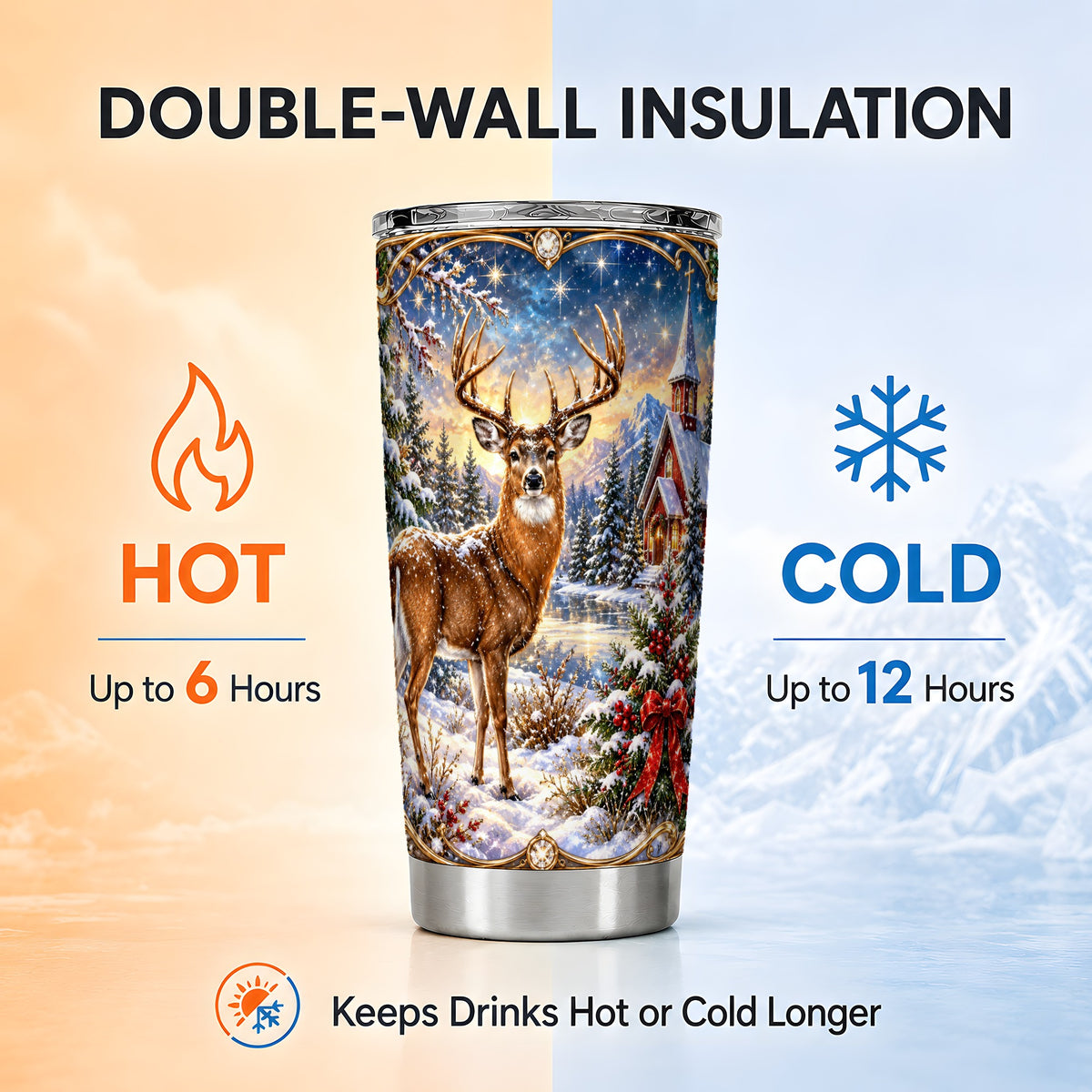 Christmas Deer Church Tumbler 20oz, Winter Stainless Steel Travel Cup