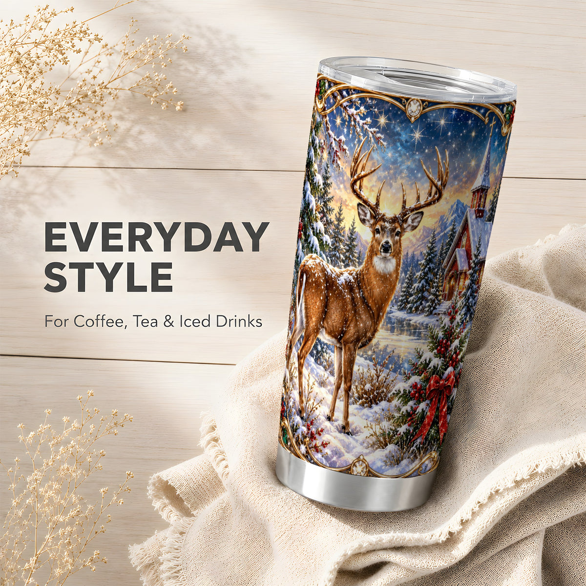 Christmas Deer Church Tumbler 20oz, Winter Stainless Steel Travel Cup