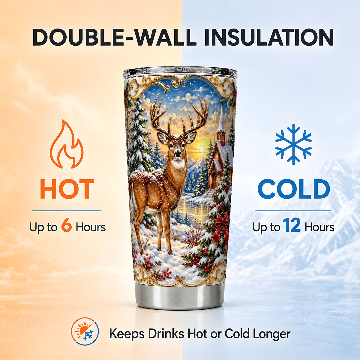 Winter Deer Tumbler 20oz, Christmas Tumbler, Stainless Steel Travel Cup