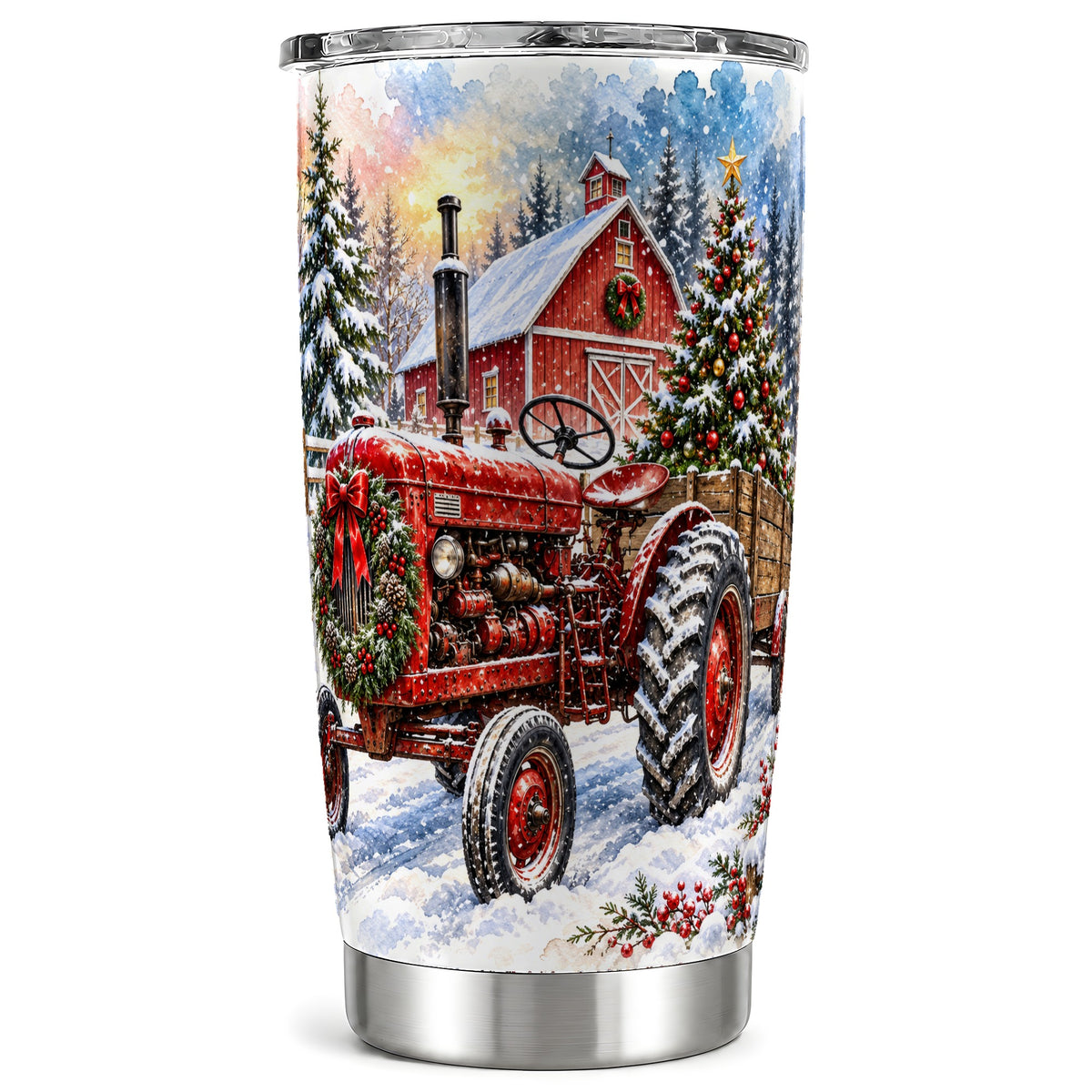 Christmas Tractor Tumbler 20oz, Farm Tumbler, Stainless Steel Travel Cup