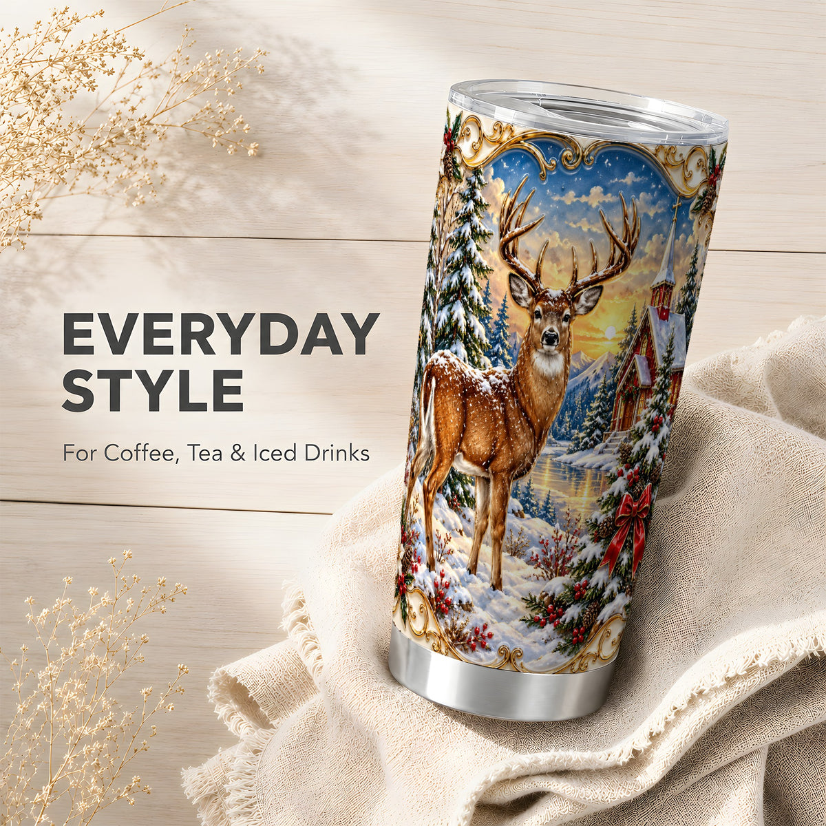 Winter Deer Tumbler 20oz, Christmas Tumbler, Stainless Steel Travel Cup