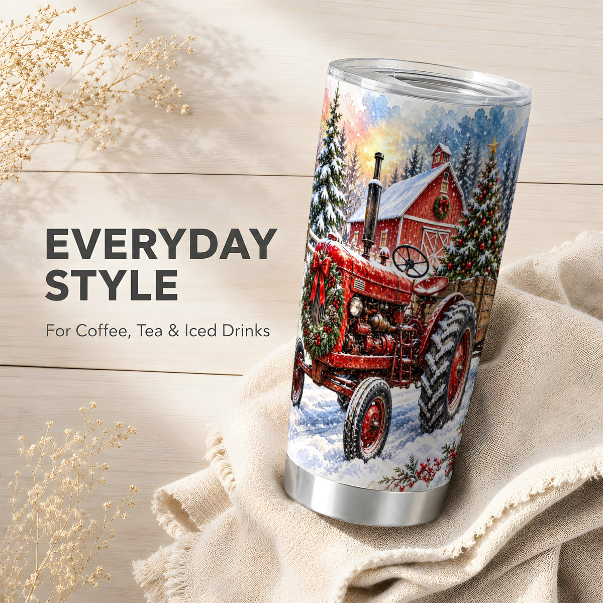 Christmas Tractor Tumbler 20oz, Farm Tumbler, Stainless Steel Travel Cup