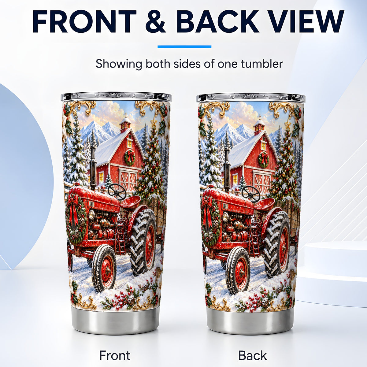 #pl[20oz|Steel] Ornate Tractor Tumbler 20oz, Christmas Farm Stainless Steel Travel Cup