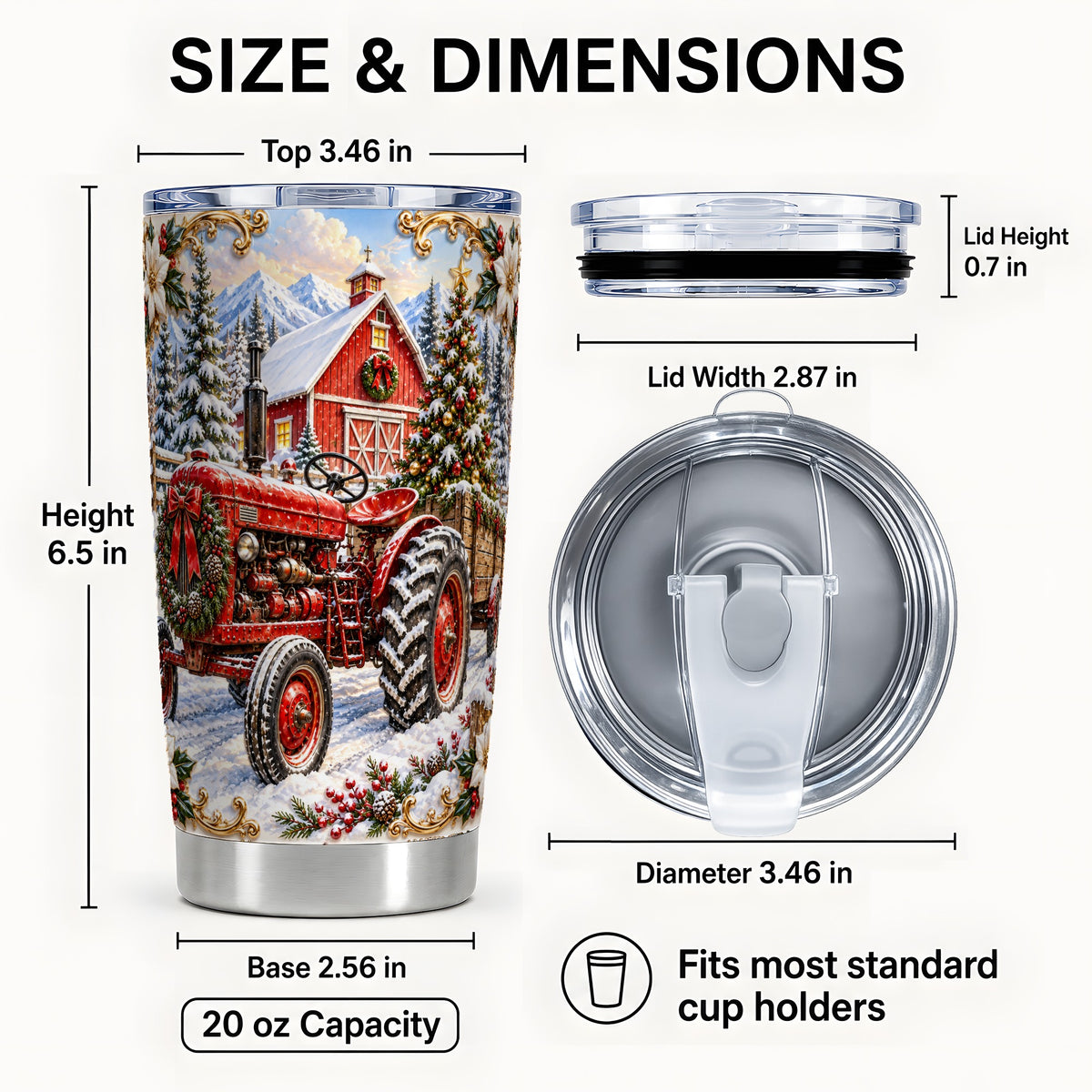 #pl[20oz|Steel] Ornate Tractor Tumbler 20oz, Christmas Farm Stainless Steel Travel Cup