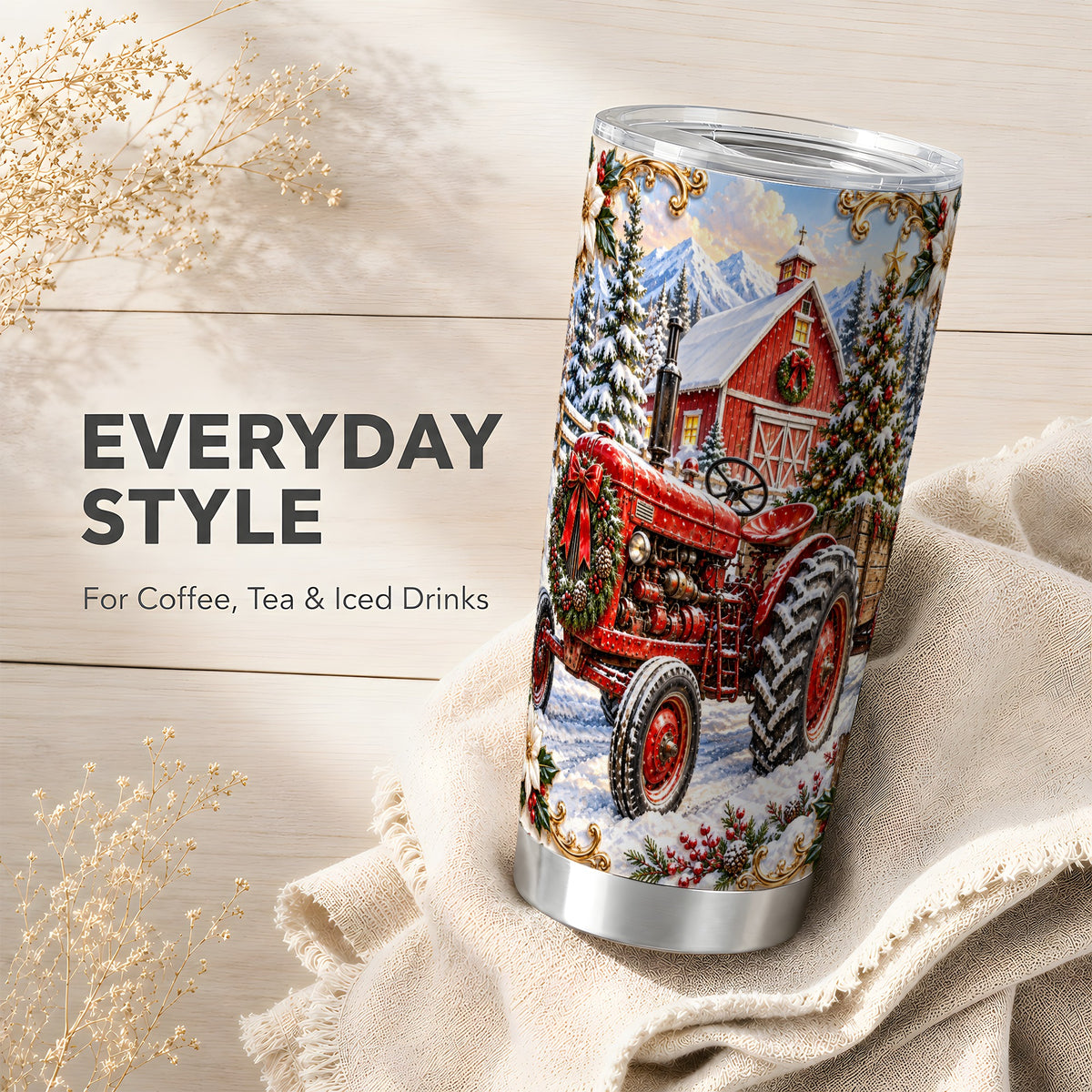 Ornate Tractor Tumbler 20oz, Christmas Farm Stainless Steel Travel Cup