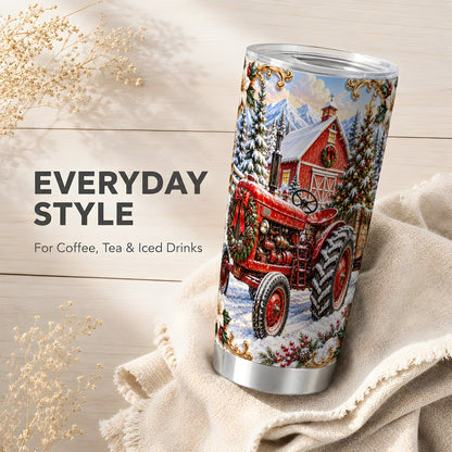Ornate Tractor Tumbler 20oz, Christmas Farm Stainless Steel Travel Cup