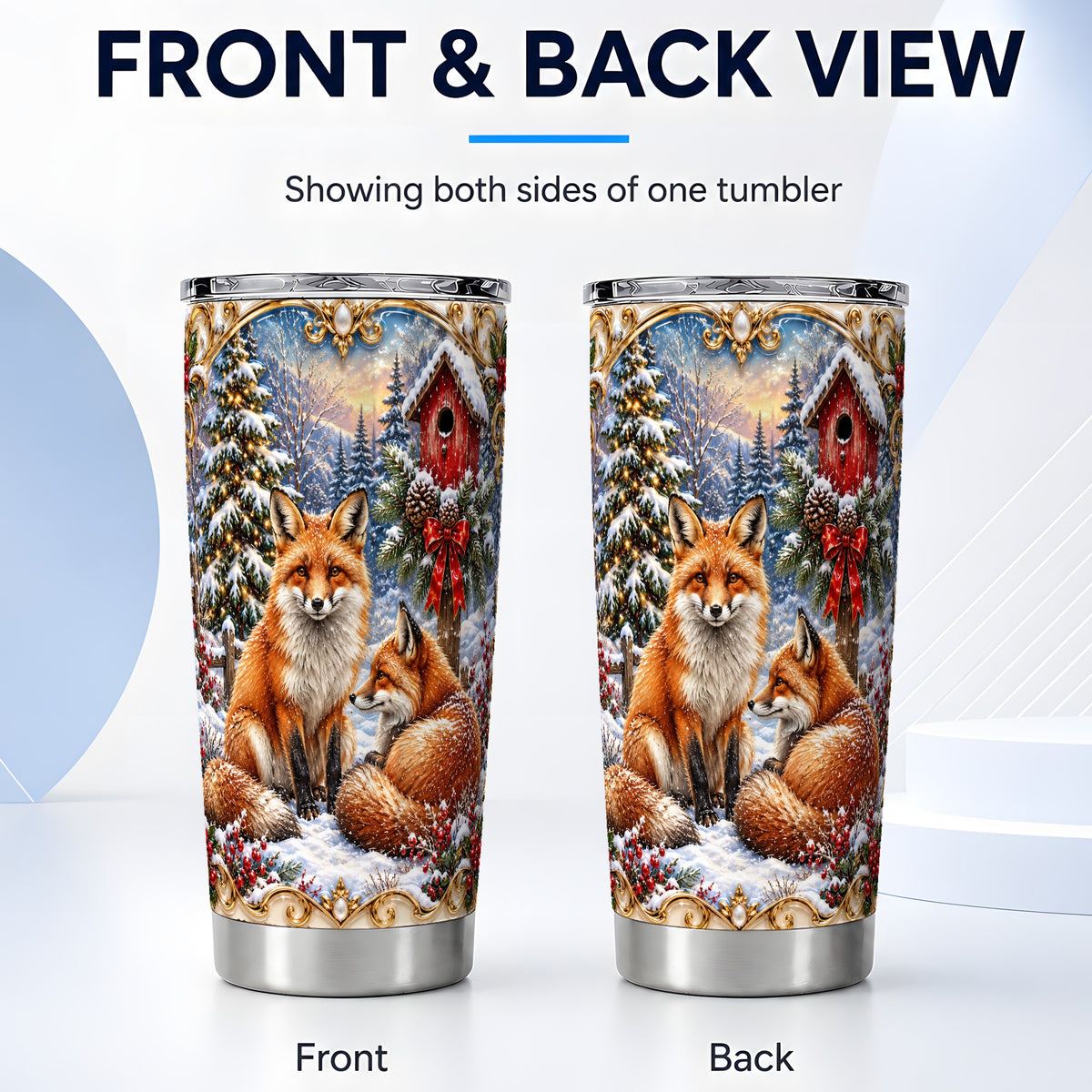 #pl[20oz|Steel] Christmas Fox Tumbler 20oz, Woodland Stainless Steel Travel Cup