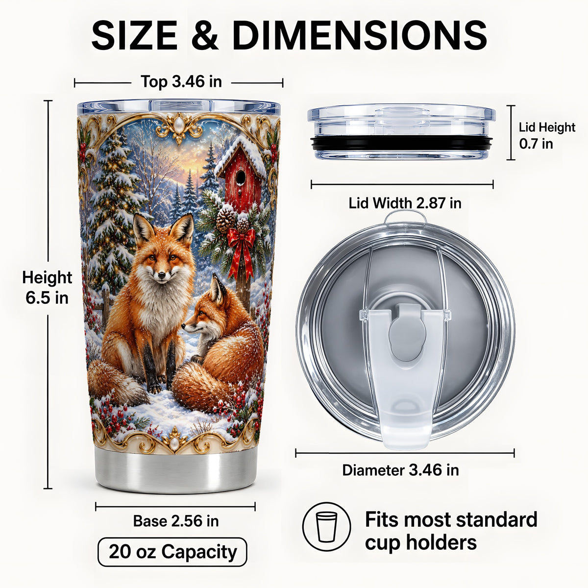 #pl[20oz|Steel] Christmas Fox Tumbler 20oz, Woodland Stainless Steel Travel Cup