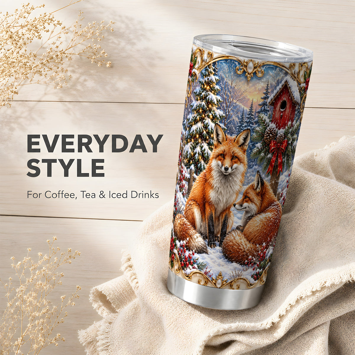 Christmas Fox Tumbler 20oz, Woodland Stainless Steel Travel Cup