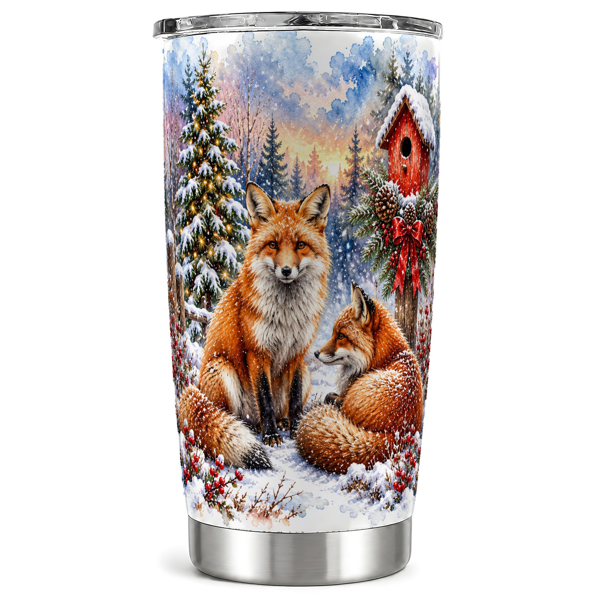 Watercolor Fox Tumbler 20oz, Christmas Woodland Stainless Steel Travel Cup
