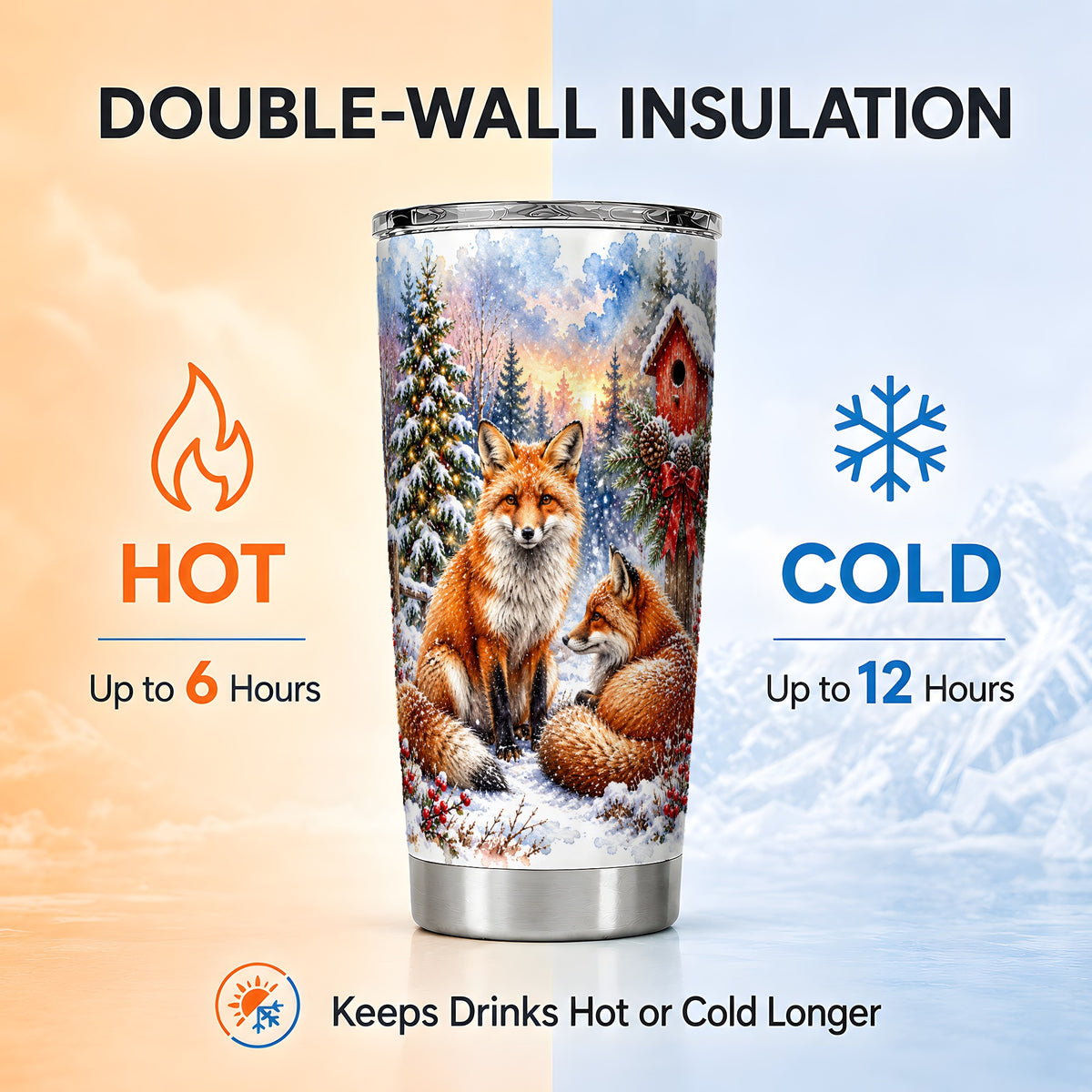 Watercolor Fox Tumbler 20oz, Christmas Woodland Stainless Steel Travel Cup