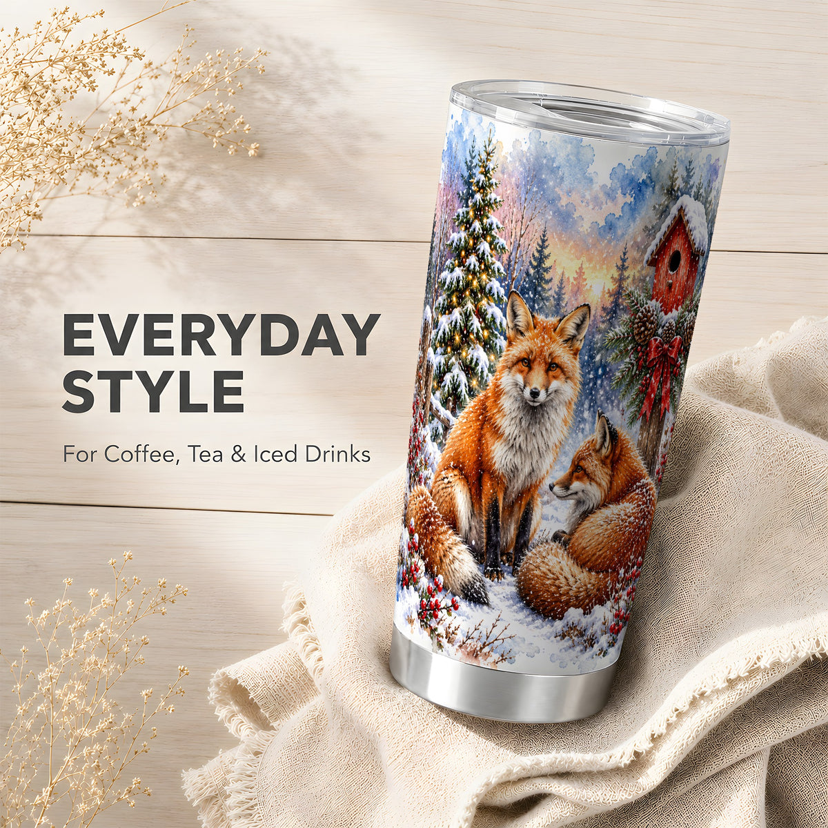 Watercolor Fox Tumbler 20oz, Christmas Woodland Stainless Steel Travel Cup