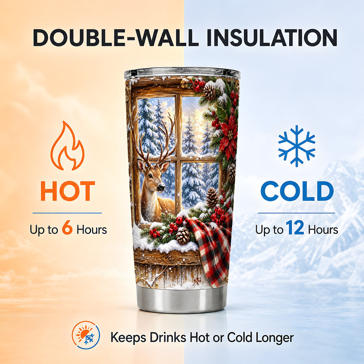 Winter Deer Tumbler 20oz, Christmas Tumbler, Stainless Steel Travel Cup