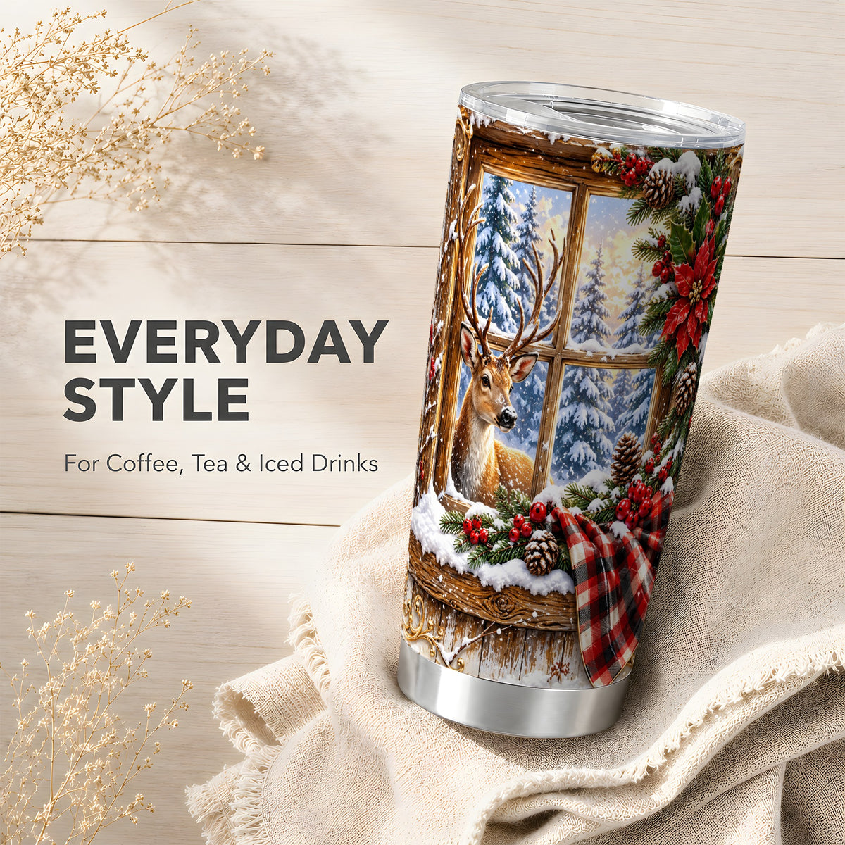 Winter Deer Tumbler 20oz, Christmas Tumbler, Stainless Steel Travel Cup