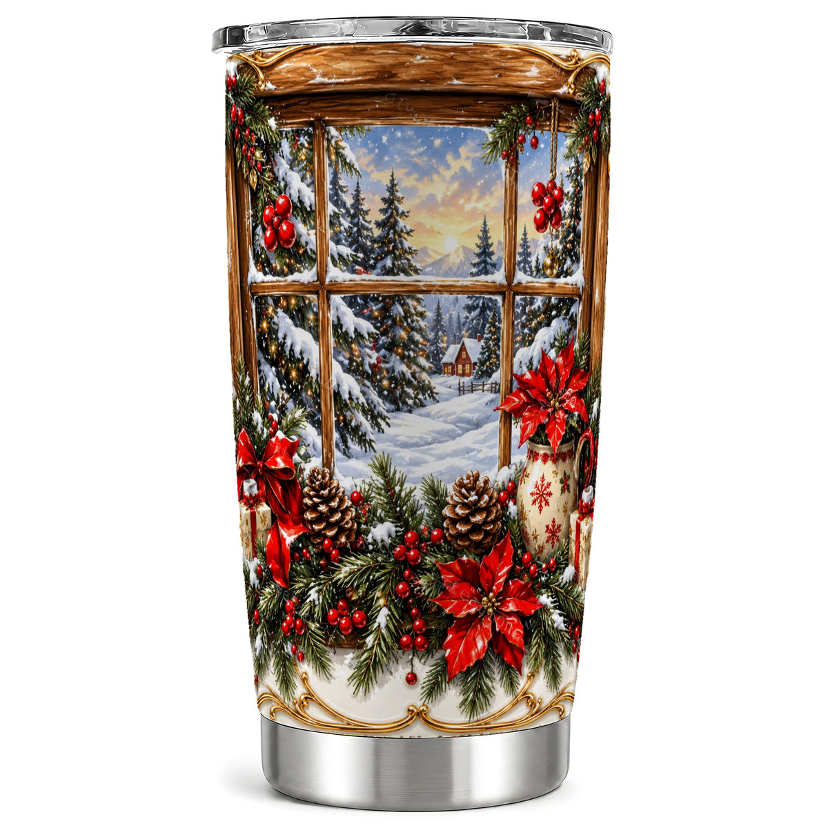 Snowy Cabin Tumbler 20oz, Christmas Tumbler, Stainless Steel Travel Cup