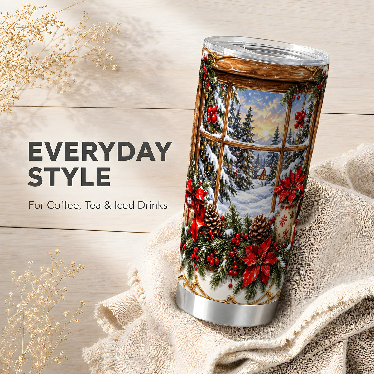 Snowy Cabin Tumbler 20oz, Christmas Tumbler, Stainless Steel Travel Cup