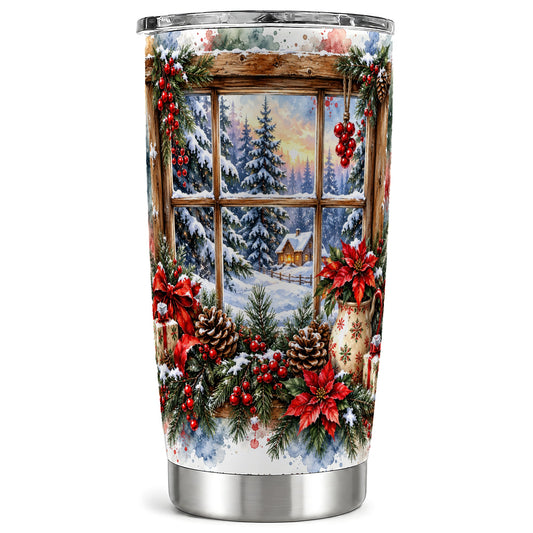 Winter Cottage Tumbler 20oz, Watercolor Tumbler, Stainless Steel Travel Cup