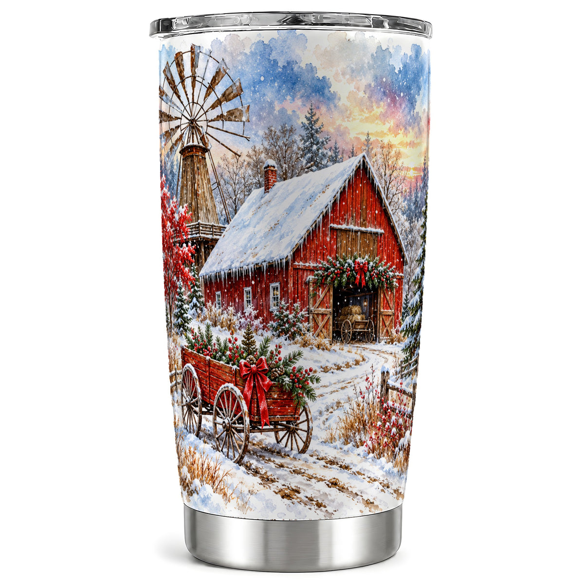 Red Barn Tumbler 20oz, Winter Farm Tumbler, Stainless Steel Travel Cup
